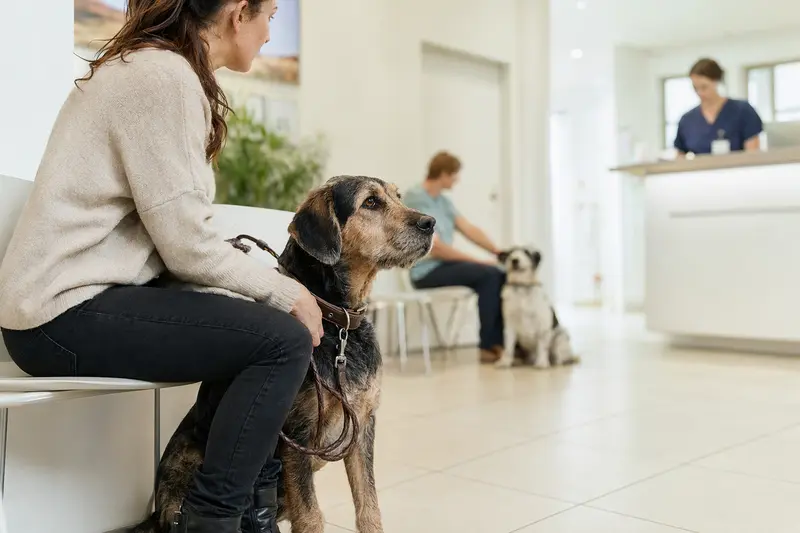 Ein Ardennen-Treibhund sitzt entspannt neben seinem Besitzer im hellen Wartezimmer einer modernen Tierarztpraxis.